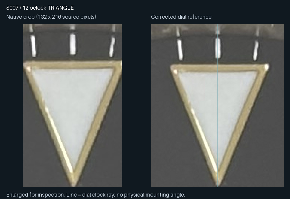 S007 · 12 o’clock triangular insert: native crop and corrected dial reference. Amber outline, when present, is a candidate luminous silhouette
