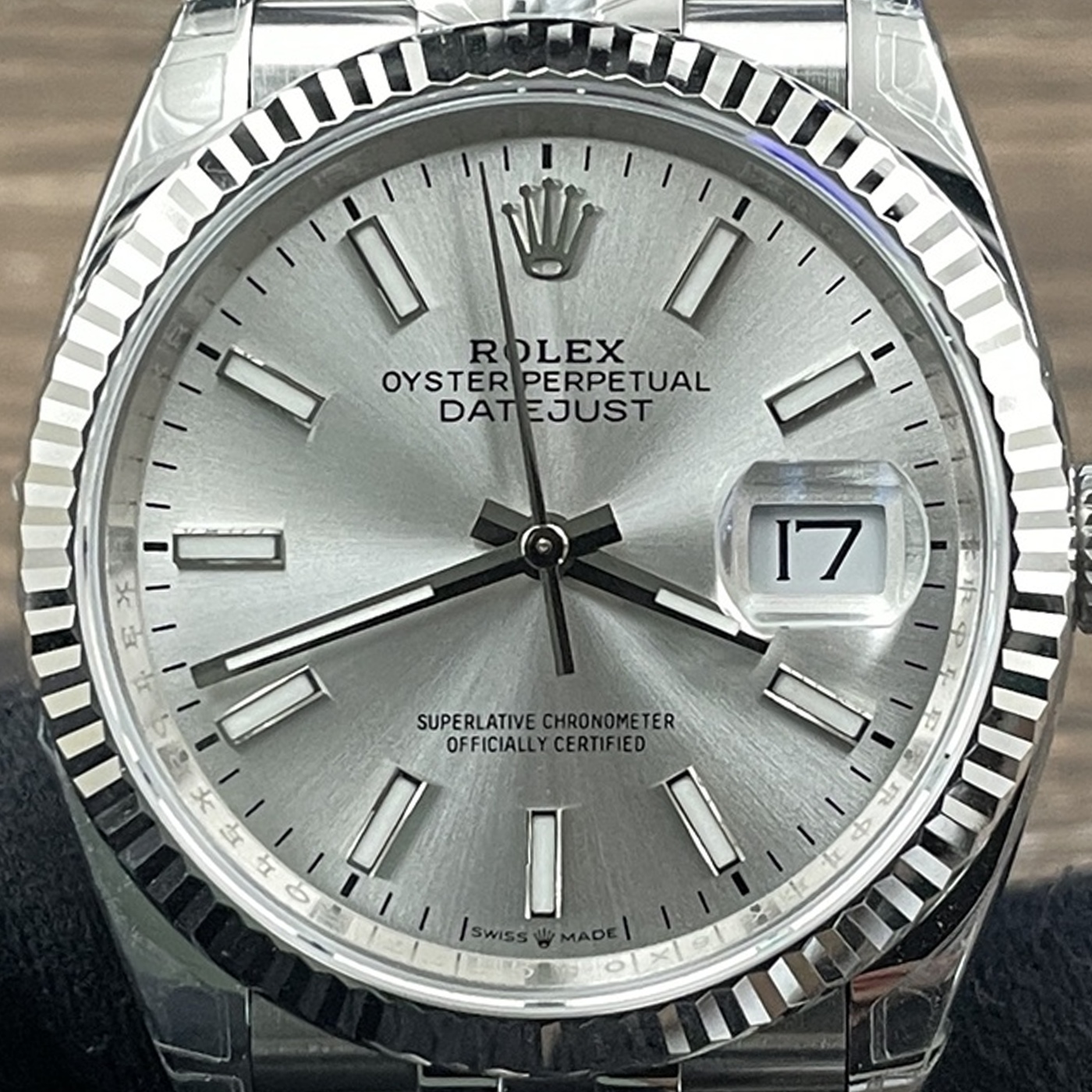 P03 · Visual reference only · precise angles unverified. Image rotated approximately 1.4° counterclockwise at the dial centre; illustrative circular normalization only; geometry did not validate using the saved printed minute-track reference. Recentered and resampled to 1400 × 1400 pixels. No correction for crystal refraction or raised bezel/hand geometry.