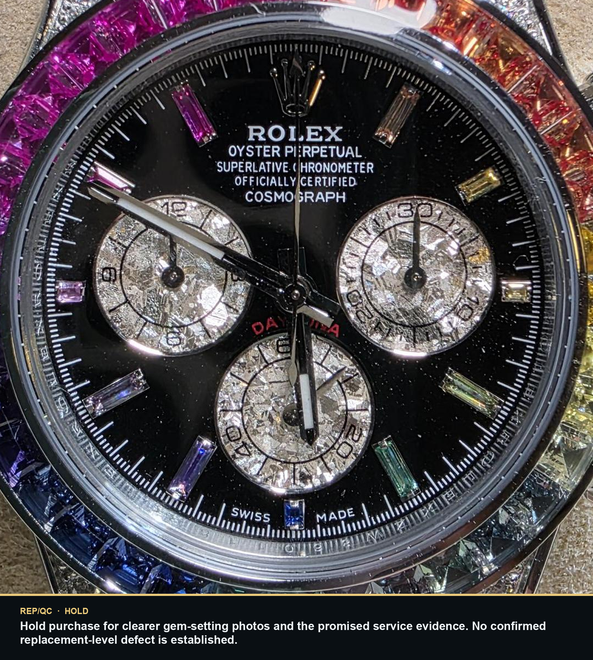 MZF Rainbow Daytona · WG-plated listing dial alignment summary