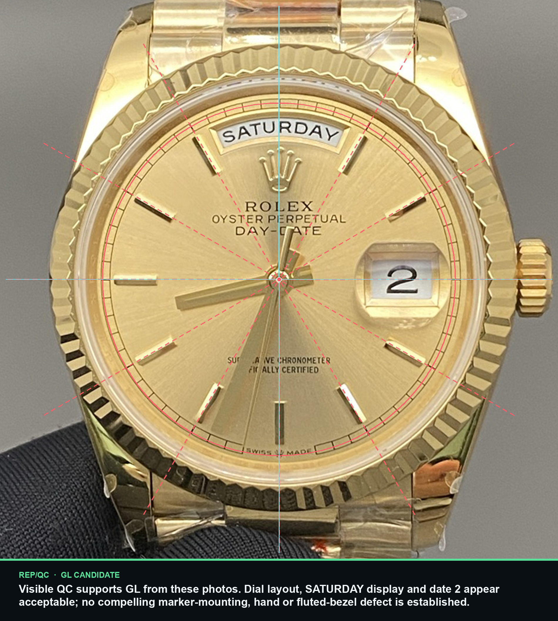 QF Day-Date champagne · 7399-918-1 dial alignment summary