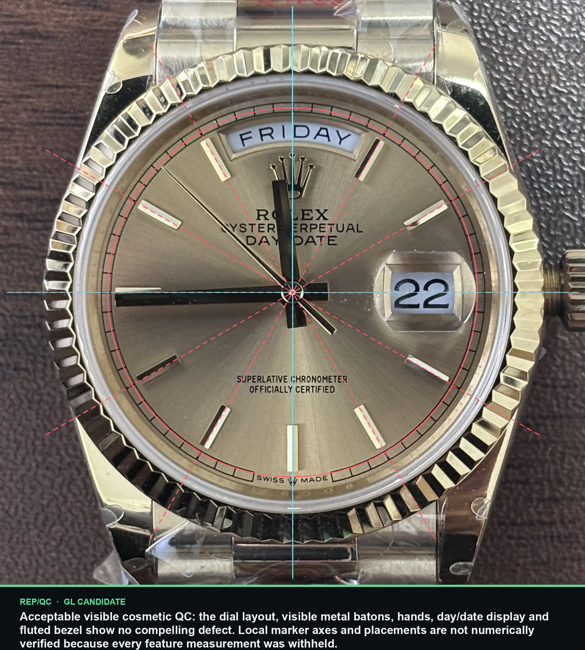 QF Day-Date 36 · champagne dial dial alignment summary