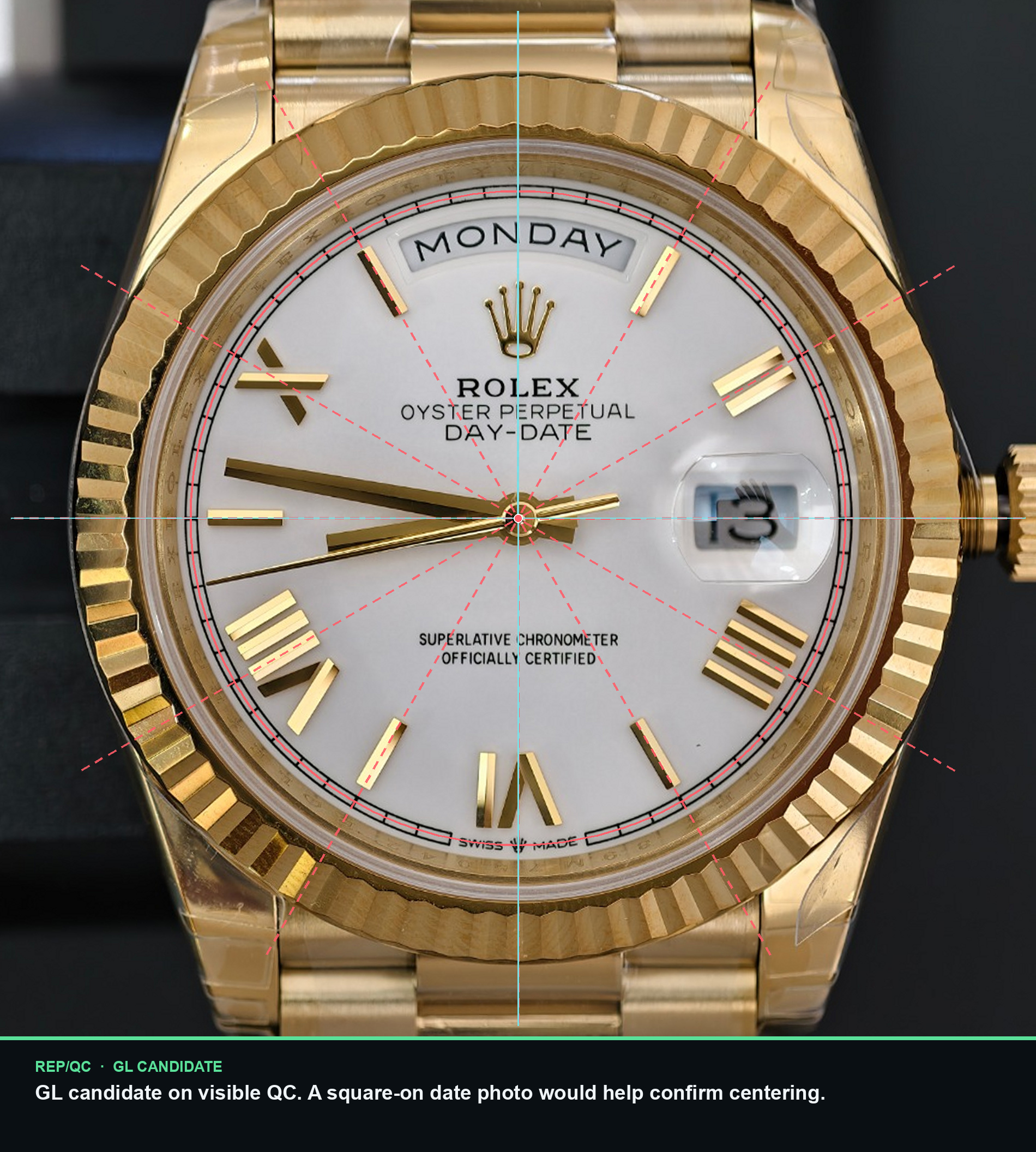 RCF Day-Date 228238 · white Roman dial dial alignment summary