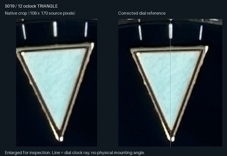 S019 · 12 o’clock triangular insert: native crop and corrected dial reference. Amber outline, when present, is a candidate luminous silhouette