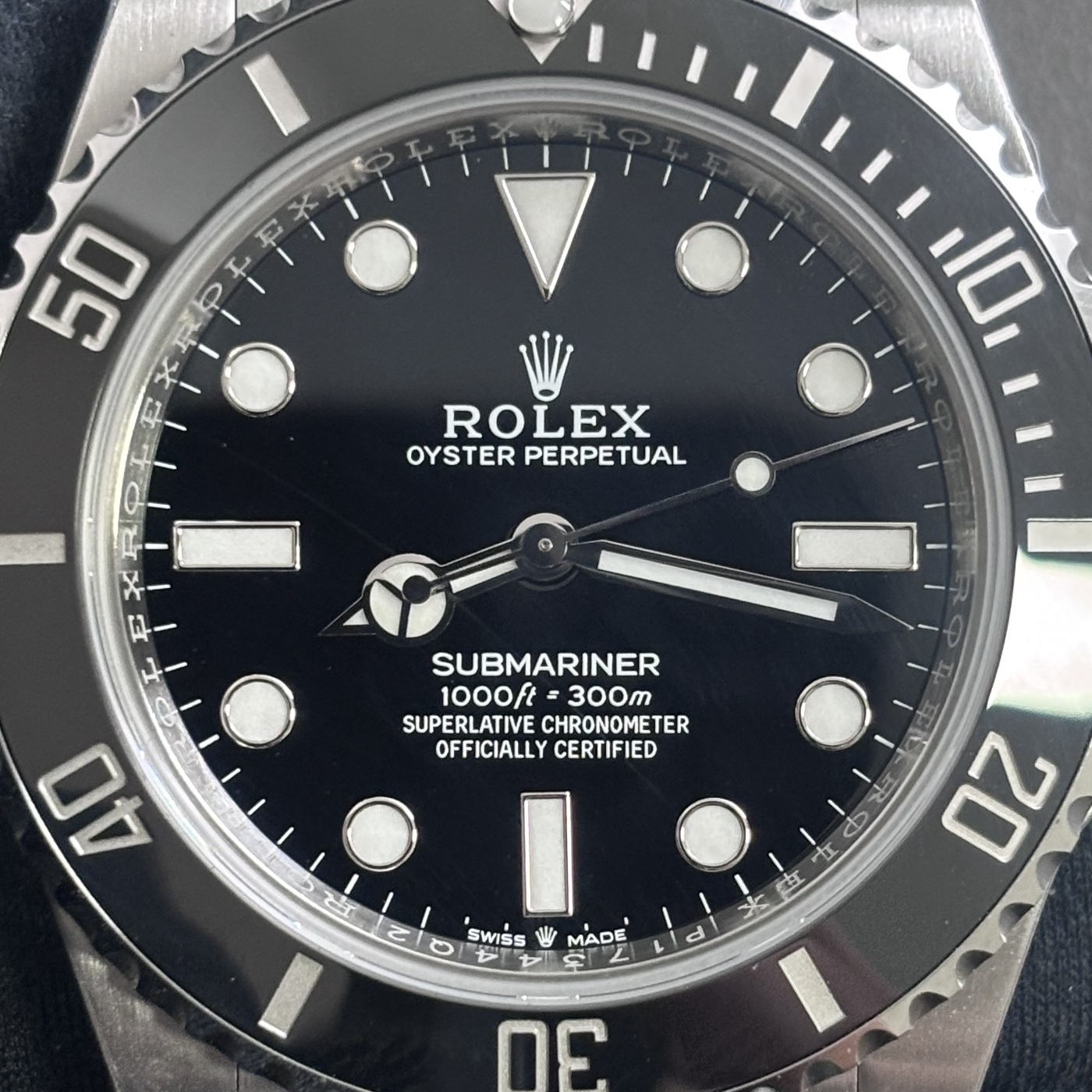 P07 · Camera geometry corrected. Image rotated approximately 0.1° counterclockwise at the dial centre; perspective and unequal image scaling normalized to a circular dial reference using the saved printed minute-track reference. Recentered and resampled to 1400 × 1400 pixels. No correction for crystal refraction or raised bezel/hand geometry.