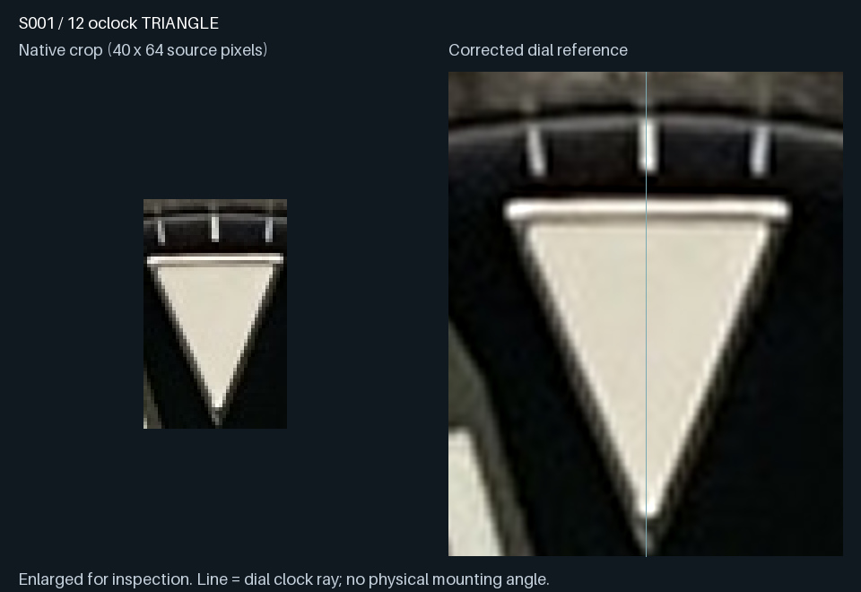 S001 · 12 o’clock triangular insert: native crop and corrected dial reference. Amber outline, when present, is a candidate luminous silhouette
