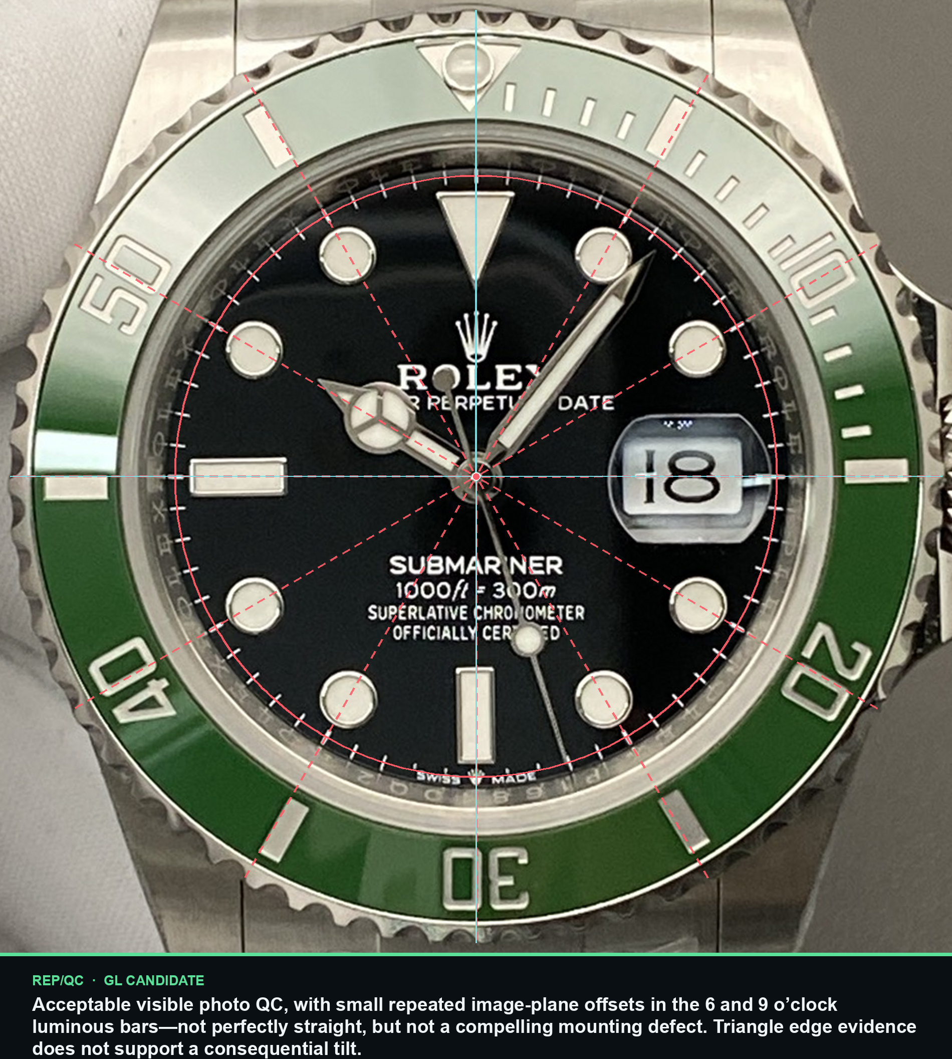 RICH green-bezel Submariner · P1681002 dial alignment summary