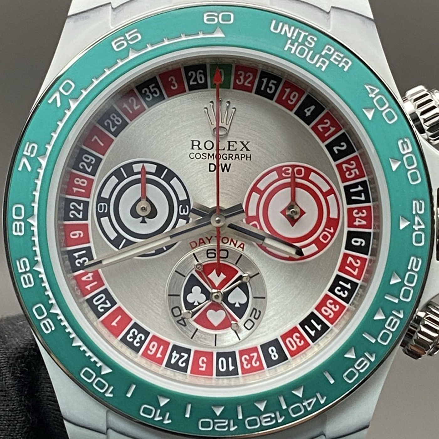 P02 · Visual reference only · precise angles unverified. Image rotated approximately 1.5° clockwise at the dial centre; illustrative circular normalization only; geometry did not validate using the saved dial reference. Recentered and resampled to 1400 × 1400 pixels. No correction for crystal refraction or raised bezel/hand geometry.