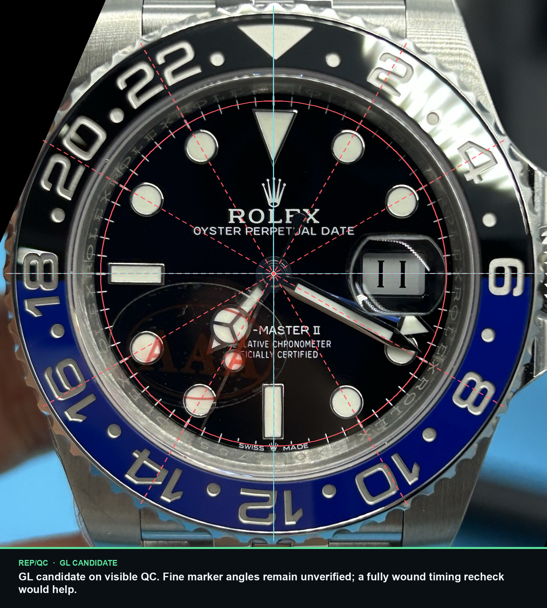 VS GMT-Master II · blue/black Jubilee · 6X06G755 dial alignment summary