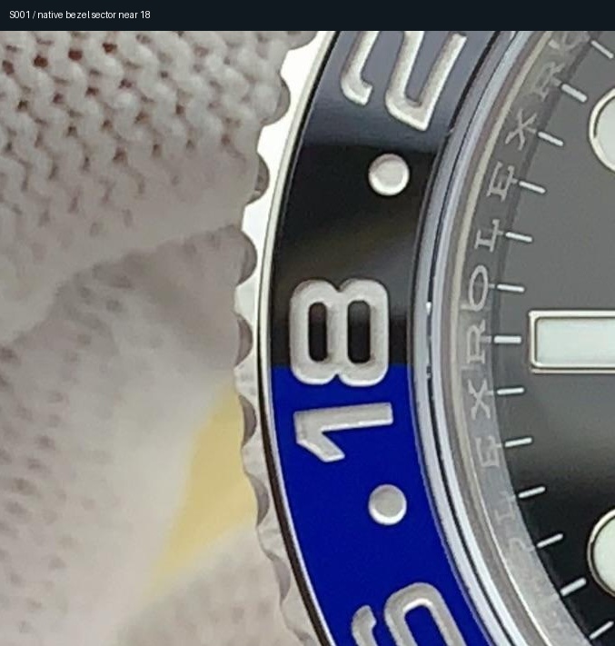 S001 · Native crop around the approximate 18 bezel sector. The dial fit locates this crop only: no dial correction or measurement is applied to the raised bezel.