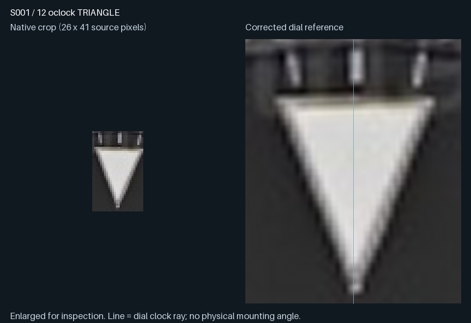 S001 · 12 o’clock triangular insert: native crop and corrected dial reference. Amber outline, when present, is a candidate luminous silhouette