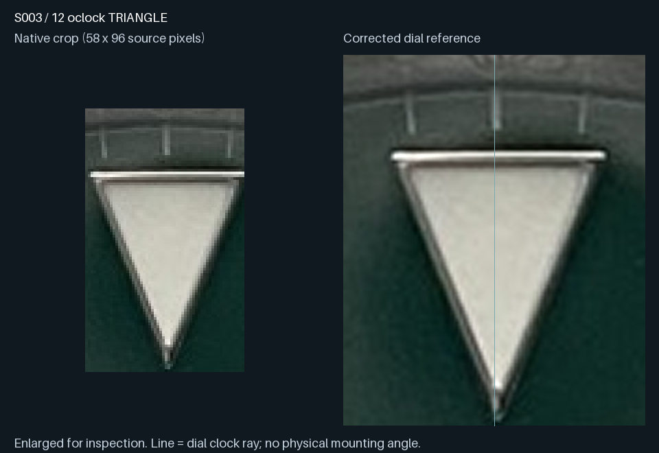 S003 · 12 o’clock triangular insert: native crop and corrected dial reference. Amber outline, when present, is a candidate luminous silhouette
