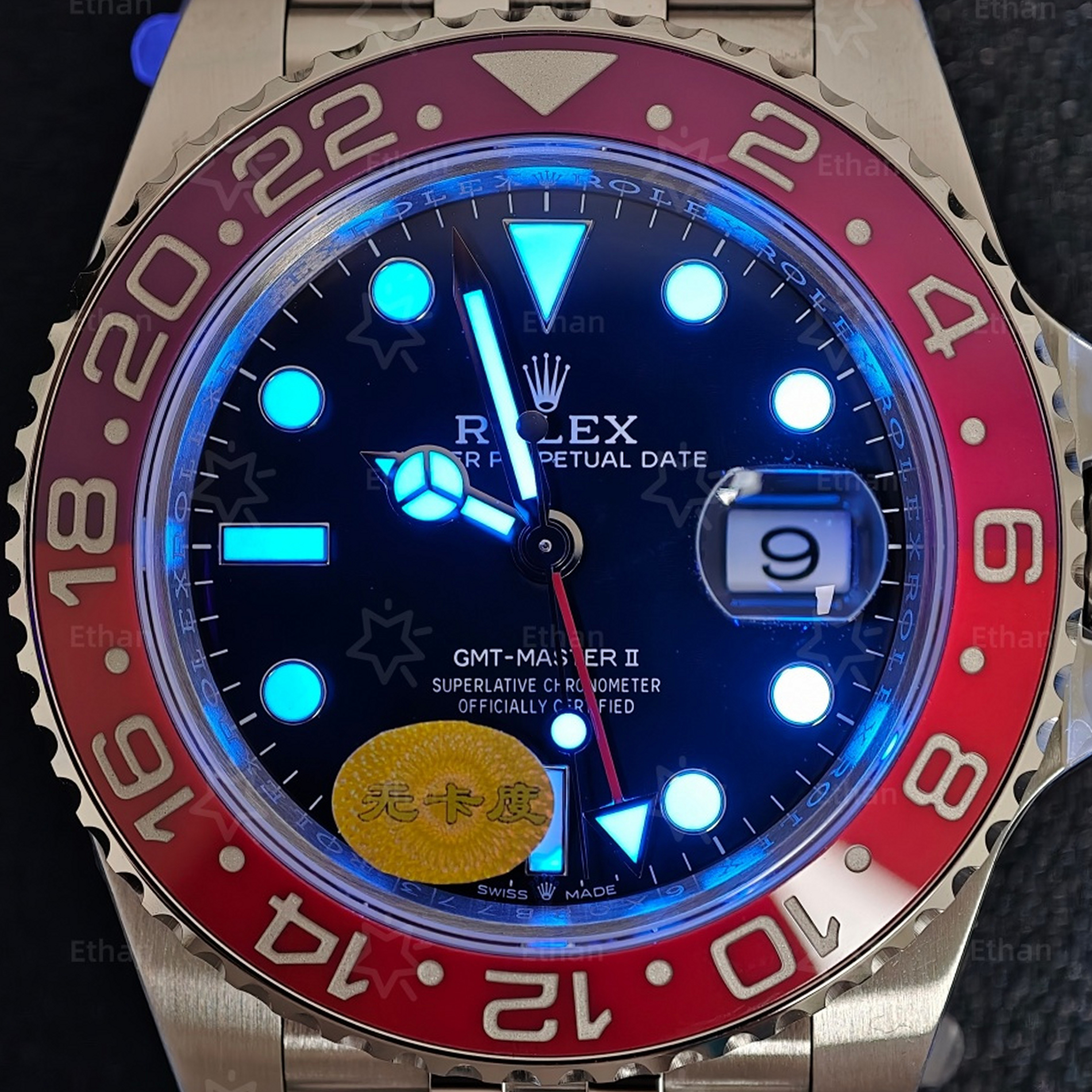 S011 · Camera geometry corrected. Image rotated approximately 0.1° clockwise at the dial centre; perspective and unequal image scaling normalized to a circular dial reference using isolated printed minute strokes. Recentered and resampled to 1900 × 1900 pixels. No correction for crystal refraction or raised bezel/hand geometry. Extended rays are visual dial references only; they do not correct or measure the raised bezel.