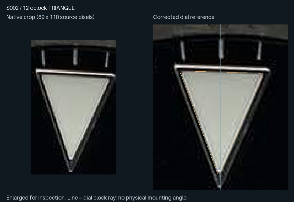 S002 · 12 o’clock triangular insert: native crop and corrected dial reference. Amber outline, when present, is a candidate luminous silhouette