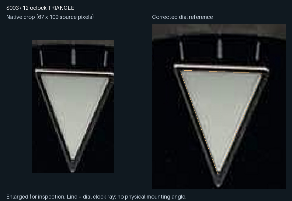 S003 · 12 o’clock triangular insert: native crop and corrected dial reference. Amber outline, when present, is a candidate luminous silhouette