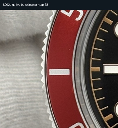 S002 · Native crop around the approximate 18 bezel sector. The dial fit locates this crop only: no dial correction or measurement is applied to the raised bezel.
